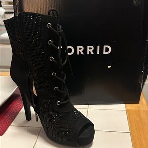 torrid Black Lace-Up Peep-Toe Stiletto Booties with Rhinestone Detail